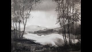 438) Wet in Wet ink Landscape Painting Tutorial: Monochrome / Tonal Exploration