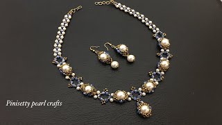 Bicone Beaded Bridal Necklace Tutorial/Beaded Pearl wedding Necklace/Beaded Garland Necklace Set.