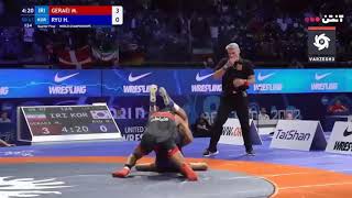 The strange fan of the Iranian wrestler and the technical blow and damage to the Korean wrestler