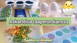 🐥Pääsiäisaskartelua taaperon (2v.) kanssa. Munien maalausta, versoja, raeruohoa ja munakas!!🐣