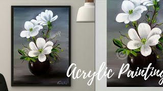 acrylic painting beautiful and easy WHITE flower painting on Canvas |  flower vase painting