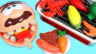 Feeding Mr. Play Doh Head Huge BBQ Meal Time with Toy BBQ Grill with Real Sounds and Smoke!