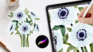 no-sketch freehand flower bouquets in procreate// Anemone watercolor tutorial for Procreate