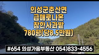 #654 의성가음부동산 계곡중턱 물시설 완비된 사과밭 780평 6600만 (당8.5만원) 전기가능 건축가능 계획관리지역 청정지역 주말농장용 #의성땅#의성사과밭#주말농장