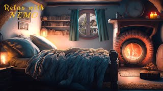 Cozy Hobbit Bedroom During Winter Snowstorm ❄️ Blowing Snow, Blizzard and Relaxing Fireplace Sounds