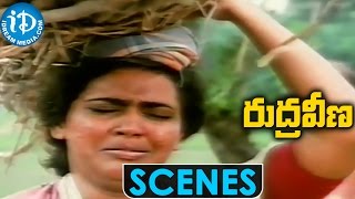 Rudraveena Movie Scenes || Chiranjeevi gets emotional after talking to Village Victims