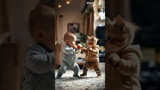 Cute Baby and Cat fight