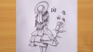 How to draw a Girl Wearing Cute Dress with Butterfly  or Rose / pencil sketch tutorial -step by step