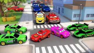 Pink Mcqueen !!! All cars are surrounded ??? Can police car rescue Mcqueen from siege???