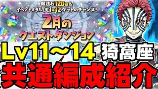 【2月のクエスト】Lv11〜14猗窩座共通編成！魔法石50個を爆速回収！代用＆立ち回り解説！【パズドラ】