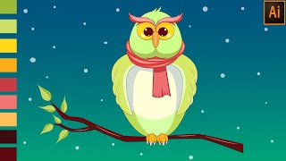 How To Draw Cute Cartoon Style Owl Bird On Tree Branch In Illustrator. Bird Vector Drawing Tutorial