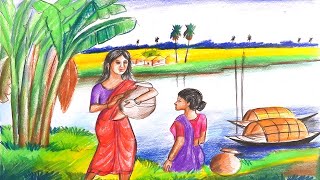 How to Draw Village Scenery For Beginners | Scenery Drawing With Pencil Color | গ্রামের দৃশ্য অঙ্কন