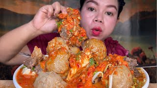 Pedasnya, bakso urat tenis extra full tetelan tulang sapi pake mie kuning sayur touge Mukbang