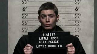 Supernatural funny scene with Sam and Dean having mug shots taken
