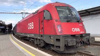 [4K] To Graz HBF. , SIEMENS EuroSprinter e. locom., Rail Jet train departure at Brno Hlavní Nádraží