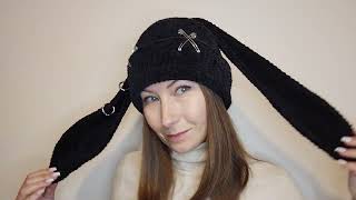 Black bunny hat goth with long ears. Black bunny beanie crochet.  Fluffy bunny hat adult.