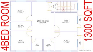 HOUSE PLAN DESIGN | EP 05 | 1300 SQUARE FEET 4 BEDROOMS HOUSE PLAN | LAYOUT PLAN