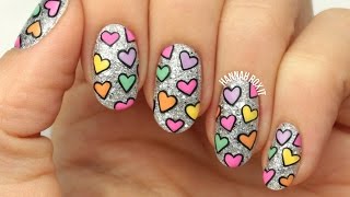 Valentine's Glitter \u0026 Hearts Nail Art (freehand!)