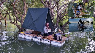 Camping On A Raft And Grill Chicken On The Flooded Forest