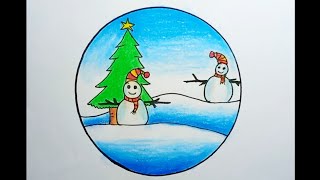 How To Draw Scenery Of Snowman And Christmas Tree Easy |Drawing Christmas Scenery In A Circle