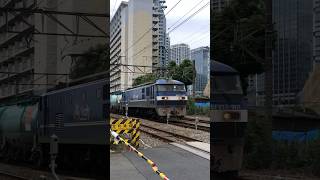 すれ違う貨物列車　桃太郎×桃太郎　試作機EF210-901〔岡〕桃太郎＋タキとEF210-121〔新〕桃太郎＋空タキ