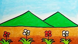 How To Draw Easy Scenery |How To Draw Mountain And Flower Scenery Very Easy For Beginners