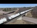 aerial view of cn train 537 miramichi local at berry mills nb