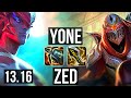 YONE vs ZED (MID) | 8 solo kills, 900+ games | EUW Challenger | 13.16