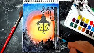 SULUBOYA SOKAK LAMBASI ÇİZİMİ.🖼🖌 WATERCOLOR STREET LAMP DRAWİNG.