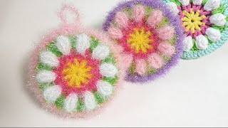 수세미뜨기/ 팝콘 입체꽃 호빵수세미/ Crochet flower/ Crochet dish scrubber