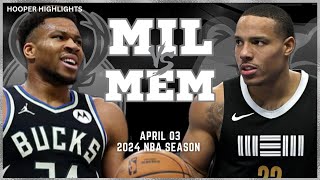 Milwaukee Bucks vs Memphis Grizzlies  Game Highlights | Apr 3 | 2024 NBA Season