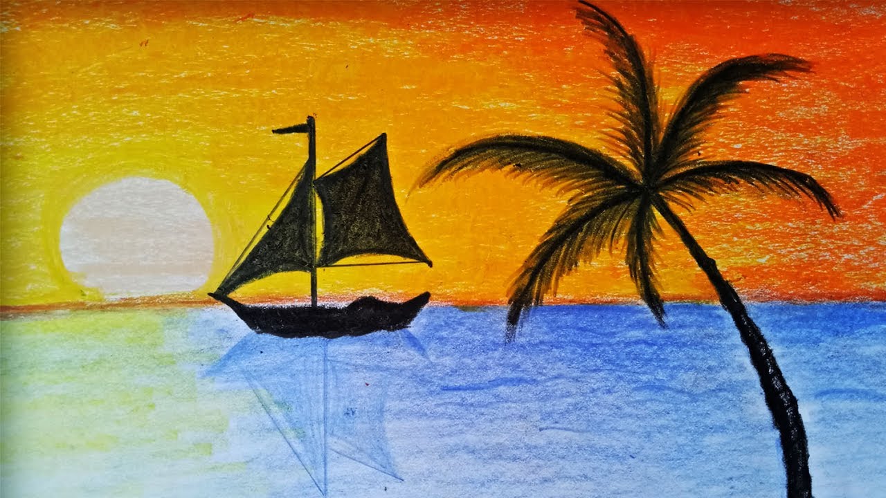 How To Draw Sunset Scenery With Oill Pastel .Step By Step(easy Draw ...