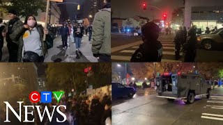 Violent scuffles and arrests broke out at protests held in cities across the U.S. on election night
