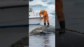 An elderly fisherman clears the back of a majestic old whale of barnacles