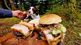 Crispy Pork Belly Burger with caramelized onion cooked over fire  ASMR Cooking