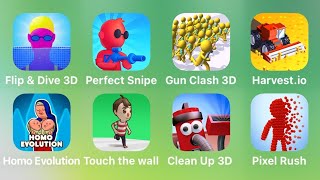 Flip & Dive 3D, Perfect Snipe, Gun Clash 3D, Harvest.io, Homo Evolution, Touch The Wall, Clean Up 3D