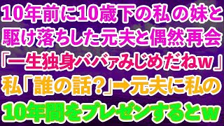 【スカッとする話】10年前に私を捨て10歳下の妹と駆け落ちした元夫と偶然再会。元夫「一生独身ババァ惨めだねw」私「え？何の話？」→元夫に私の10年間をプレゼンした