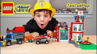 Firefighter Costume Pretend Play! Lego City Fire Trucks and Station for Kids | JackJackPlays