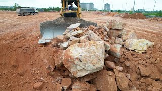 Amazing Huge Stones Moving Land Filling Up by Big Power Push Komatsu D68E Bulldozer