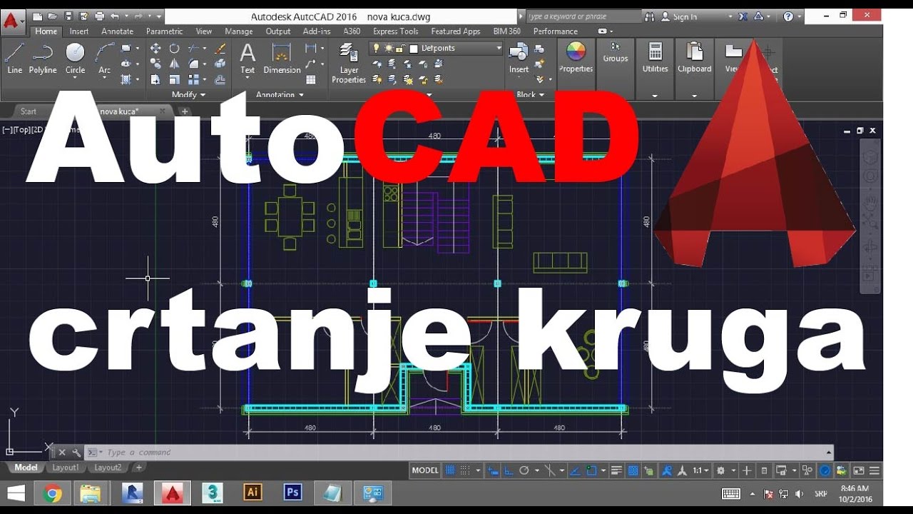 AutoCAD 2016 Tutorijal 2.3 Crtanje Kruga - YouTube