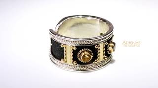 Greek Gold Column Black Silver Mixed Gemstones Ring