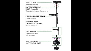 STABLE FOLDABLE TELESCOPIC CANE WITH 4 LED LIGHTS AND BUILT-IN ALARM