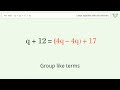 solve 12 5q=17 4q linear equation video solution tiger algebra