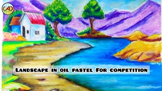 Oilpastel Scenery Drawing || Beautiful Scenery Drawing || Hill with River Scenery Drawing