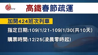 高鐵春節加開424班次 大選加開54班  2019-12-25 IPCF-TITV 原文會 原視新聞