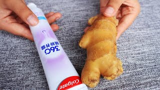 把牙膏挤生姜上，作用实在厉害， 我也是今天才知道，长见识了 Ginger toothpasteMiraculous effect生姜 牙膏 神奇功效