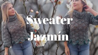 Cómo hacer el Sweater Top Down más bonito, con Flores y cuello desmontable 🌿 Sweater Jazmín 💚