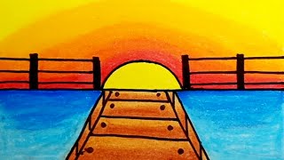 How To Draw Easy Scenery |How To Draw Sunset Scenery For Beginners With Oil Pastel Step By Step