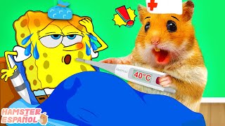 Hámster cuidando a Bob Esponja enfermo | Caricatura divertida Hamster Town Español