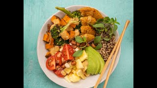 Plant Based Burger Buddha Bowl with Thai Peanut Sauce